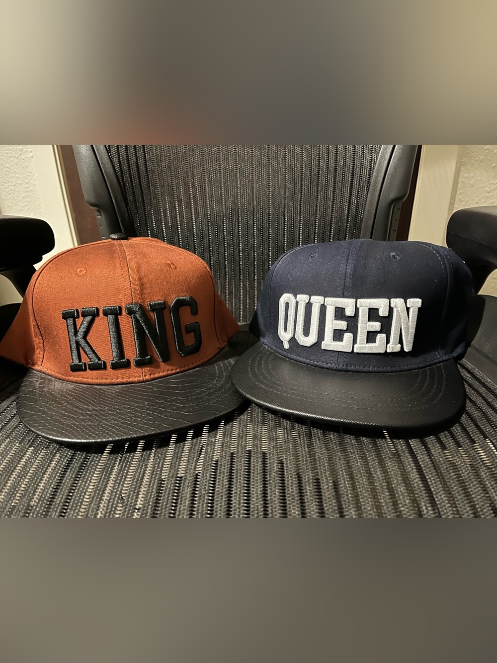 King & Queen Embroidered Snapback Hats - Brown and Navy